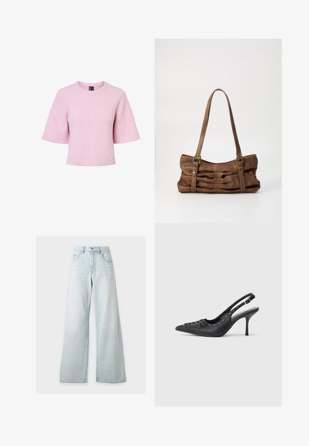 Kortærmet, lyserød strikket pullover med ribbet struktur og rund halsudskæring, der har en afslappet pasform og en cropped kant.; Lyseblå højhåndede vidde jeans med forreste knap og lynlås, forlommer og bæltestropper på hvid baggrund.; Sorte læder slingback stiletto med spids tå, side spændebånd, nitter langs kanten og dekorativ snøring foran.; Even&Odd Håndtasker - brown