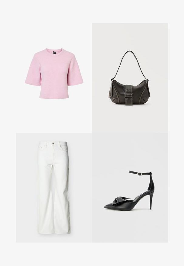 Kortærmet, lyserød strikket pullover med ribbet struktur og rund halsudskæring, der har en afslappet pasform og en cropped kant.; Hvide jeans med høj talje og lige ben, med forreste knap, lynlåslukning samt sidelommer og baglommer, mod en ensartet lys baggrund.; Sort højhælet sko med spids tå, satin sløjfe og justerbar ankelrem med sølv hardware. Glat lædertekstur.; Sort læder skuldertaske med spænde på remmen, afrundede kanter og kontrasterende hvide syninger på en ensfarvet baggrund.