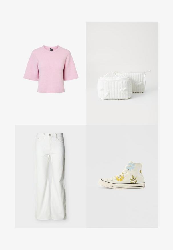 Kortærmet, lyserød strikket pullover med ribbet struktur og rund halsudskæring, der har en afslappet pasform og en cropped kant.; Hvide jeans med høj talje og lige ben, med forreste knap, lynlåslukning samt sidelommer og baglommer, mod en ensartet lys baggrund.; Højhælede hvide sneakers med blå, gule og hvide blomsterprint samt grønne bladdesigns på den lærredsbeklædte overdel.; To hvide tekstil kosmetikpunge, den ene rektangulær med et bærehåndtag, som har ribbet tekstur og små sløjfer på siderne. Den anden er cylindrisk.