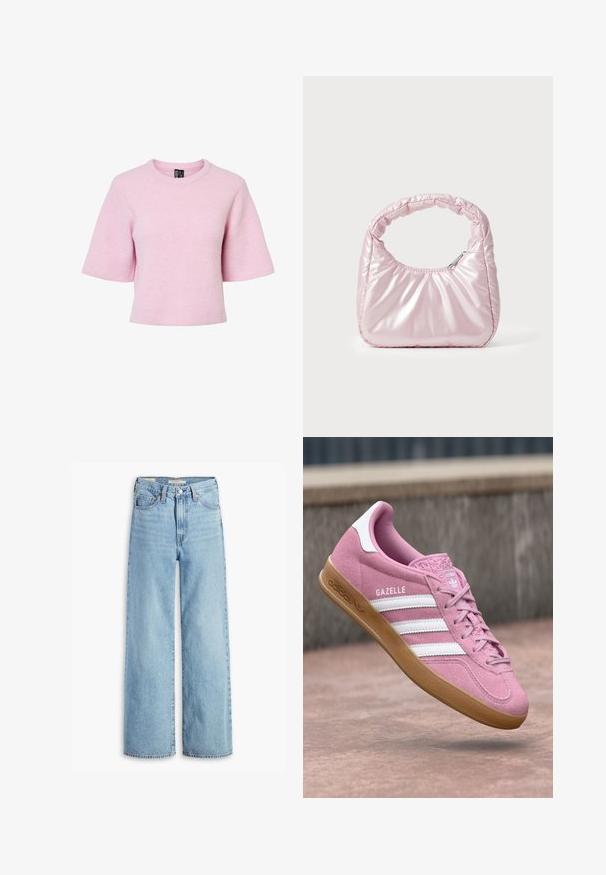 Jersey de punto rosa de manga corta con textura acanalada y escote redondo, con un ajuste holgado y un dobladillo corto.; Jeans de pierna ancha de talle alto, de un azul claro, con botón y cremallera en el frente, lazos para cinturón y estilo de cinco bolsillos.; Zapatillas de ante rosa con diseño de tres rayas blancas y logo. Presentan una puntera texturizada y suela de goma. El nombre del modelo "Gazelle" se muestra en el lateral.; Bolso de mano acolchado en color rosa con un diseño redondeado, fabricado en material brillante. Presenta un asa fruncida y un cierre de cremallera para un acceso seguro.