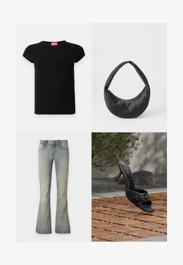 Zwarte korte mouwen fitted t-shirt met ronde halslijn en rood Diesel logo label binnenin de kraag.; Lichtblauwe denim flare jeans met een gemiddelde taille, subtiele vervaging en standaard vijf-pocket ontwerp. Voorzien van een knoopsluiting aan de voorkant.; Zwarte hoge hak mule met gespsdetail, "GUESS"-logo op de binnenzool, zwevend boven een houten tegelvloer buiten met een wazige groene achtergrond.; Zwarte satin handtas met een gebogen vorm, voorzien van een ritssluiting en een driehoekig metalen logo aan de voorkant. Gladde textuur en een slank ontwerp.