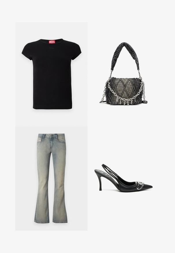 Camiseta ajustada de manga corta negra con cuello redondo y etiqueta roja de Diesel dentro del cuello.; Vaqueros acampanados de mezclilla azul claro con una cintura de altura media, un ligero desvanecimiento y un diseño estándar de cinco bolsillos. Presenta un cierre frontal con botón.; Zapatos de tacón alto de charol negros con tira trasera y punta afilada, que presentan un detalle de hebilla plateada brillante y un tacón delgado. Textura de cuero suave, diseño minimalista.; Bolso de denim acolchado en gris oscuro con un asa trenzada en la parte superior y una correa de cadena plateada, con acentos metálicos de "DIESEL".