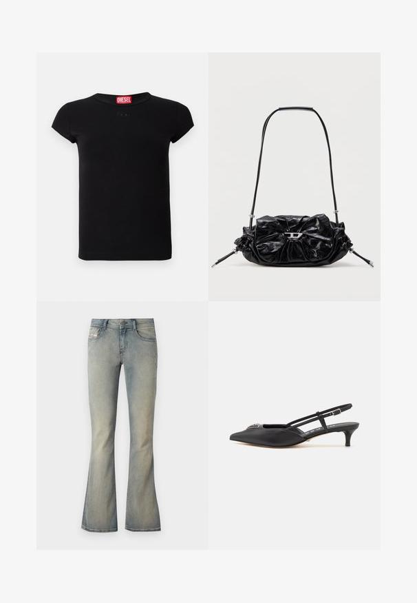 Sort kortærmet tætsiddende T-shirt med rund halsudskæring og rød Diesel-logo etiket indeni kraven.; Lys blå denim flared jeans med en mid-rise talje, subtilt slid og standard fem-lomme design. Har en front knaplukning.; Sorte slingback-sko med spids tå, lavet af glat materiale, med en lille hæl og en dekorativ sølvaccent på vamps.; Sort læderhåndtaske med et opsamlet design og sløjfedetalje foran. Har en kort hank og sølvfarvede hardware-accenter.