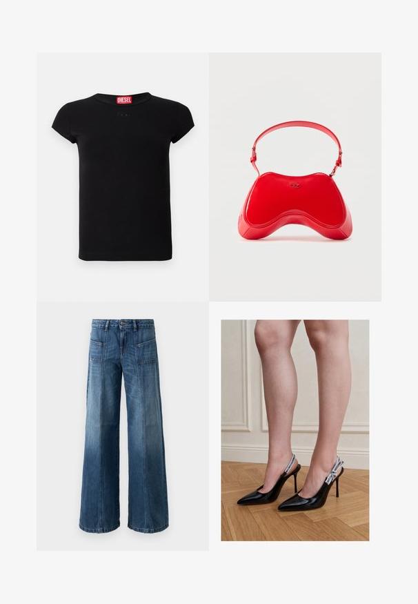 Sort kortærmet tætsiddende T-shirt med rund halsudskæring og rød Diesel-logo etiket indeni kraven.; Videbenet jeans i en falmet blå denim. Har fem lommer, en knap- og lynlås-lukning, synlige syninger og en løs pasform.; Kvinde iført sorte laklæder høje hæle slingback sko med hvide mærkede stropper, står på trægulv.; Rød taske i laklæder med en buet, ergonomisk form, der har en tynd justerbar rem og en diskret logodetalje foran.