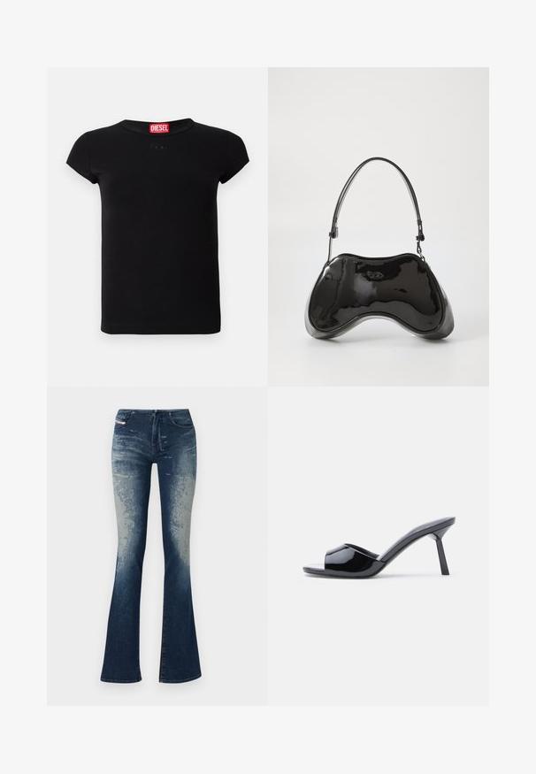 Camiseta ajustada de manga corta negra con cuello redondo y etiqueta roja de Diesel dentro del cuello.; Jeans de mezclilla acampanados con un lavado azul oscuro y un ligero desvanecimiento, superficie texturizada y cremallera. Diseño de cinco bolsillos con etiqueta de la marca.; Sandalias de tacón con punta abierta de charol negro, con un diseño superior curvado y tacón de aguja cónico. Acabado liso y brillante.; Bolso de mano de piel sintética negra con un diseño curvado único, asas cortas y ajustables, y abertura con cremallera en la parte superior. Textura suave con una sutil marca.