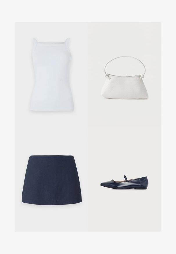 Top de tirantes estrechos en azul claro con canalé y escote recto. Hecho de una tela suave, presenta un diseño ajustado y un detalle mínimo.; Falda corta en línea A de color azul oscuro, hecha de una tela texturizada y ligera, con una cintura suave y sin patrones ni adornos.; Zapato plano de cuero azul marino con puntera puntiaguda y una sola tira fina sobre el empeine, mostrado de perfil sobre fondo blanco.; Bolso de mano de cuero blanco tejido con asa redondeada y extremos de la correa anudados, exhibido sobre un fondo liso.