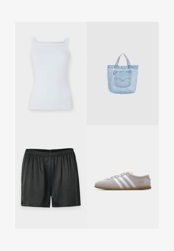 Lysblå ribbet tanktop med smalle stropper og lige halsudskæring. Fremstillet af blødt stof, med en tætsiddende pasform og minimal udgave.; Sorte satinshorts med elastisk talje, der har en glat overflade og en afslappet pasform. Ingen synlige lommer eller udsmykninger.; Grå suedestøvle med hvide læderstriber og guldlogo-detalje. Flad gummisål, rund tå og klassisk snølukkedesign.; Lyseblå denim tote-taske med dobbelte håndtag og forlomme med orange syninger og et lille rødt stofmærke.