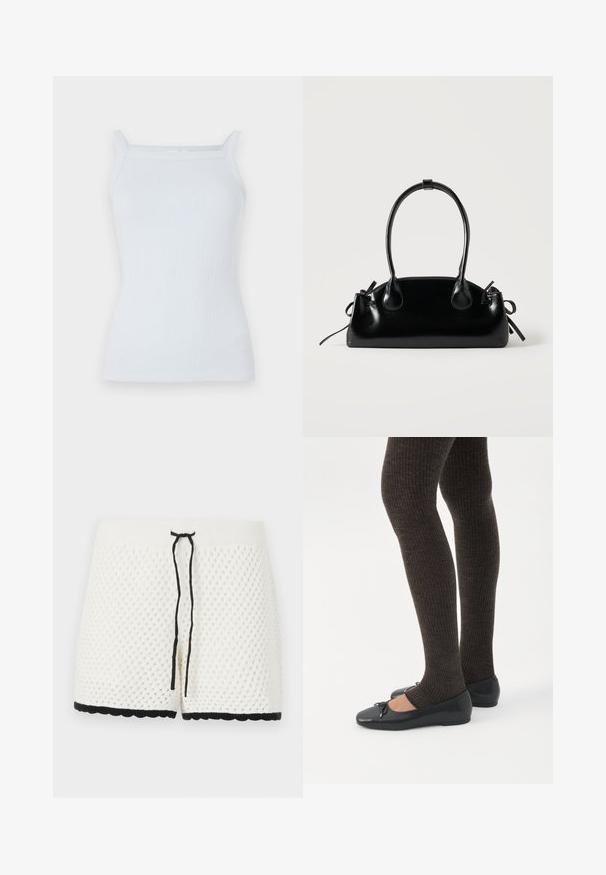 Lysblå ribbet tanktop med smalle stropper og lige halsudskæring. Fremstillet af blødt stof, med en tætsiddende pasform og minimal udgave.; Hvide strikkede shorts med et tekstureret, diamantmønster. Har en sort snor ved livet og sort bølget kant langs bunden.; Ben iført mørke ribbede leggings kombineret med sorte balletsko med små sløjfedetaljer på hvid baggrund.; Lille sort blank håndtaske med to lange håndtag og snøre-detaljer i siden på en ensfarvet lys baggrund.