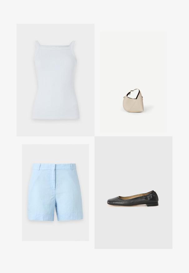 Svetlomodrý rebrovaný tank top s úzkymi ramienkami a rovný výstrih. Vyrobený z mäkkej tkaniny, s priliehavým strihom a minimálnym zdobením.; Svetlomodré krátke nohavice s vysokým pásom, pútkami na opasok, predným zipsom a tvarovaným lemom, zobrazené na jednofarebnom bielom pozadí.; Čierne kožené baletky s okrúhlou špičkou a minimálnym šitím. Nízky, obdĺžnikový podpätok a hladká textura. Diskrétny detail podšívky vnútri.; Béžová kožená kabelka v tvare polmesiaca s jedným ramenným popruhom a minimálnym prešitím, na jednoduchom bielom pozadí.