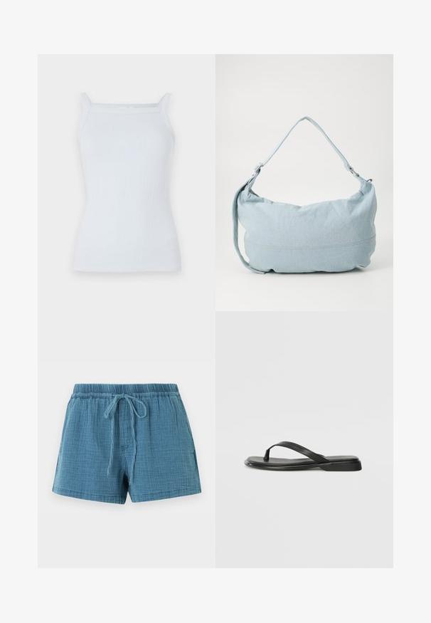 Lysblå ribbet tanktop med smalle stropper og lige halsudskæring. Fremstillet af blødt stof, med en tætsiddende pasform og minimal udgave.; Blå shorts af struktureret stof med elastisk taljebånd og snørebånd foran, vist på en hvid baggrund.; Sorte flip-flops lavet af glat læder, med et tyndt remdesign og en flad sål med et minimalt profil. Ingen bemærkelsesværdige mønstre eller accenter.; Lysblå denim skuldertaske i en rund form, justerbar rem og diskret syning langs den nederste kant. Blød tekstur.