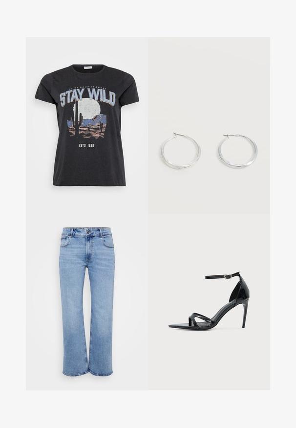 Camiseta de algodón negra con un estampado gráfico de una escena del desierto con cactus, una luna y la frase "MANTENTE SALVAJE" en letras azules.; Vaqueros de mezclilla de pierna ancha en azul claro, con cinco bolsillos, cremallera frontal y cierre de botón. Detalles de costura sutil a lo largo de las costuras.; Sandalia de tacón alto de charol negro con una fina correa en el tobillo, punta abierta y diseño minimalista sobre un fondo claro y liso.; Pendientes de aro de metal plateado con superficie lisa y ligeramente curvada y cierre de tipo mosquetón sobre un fondo blanco liso.