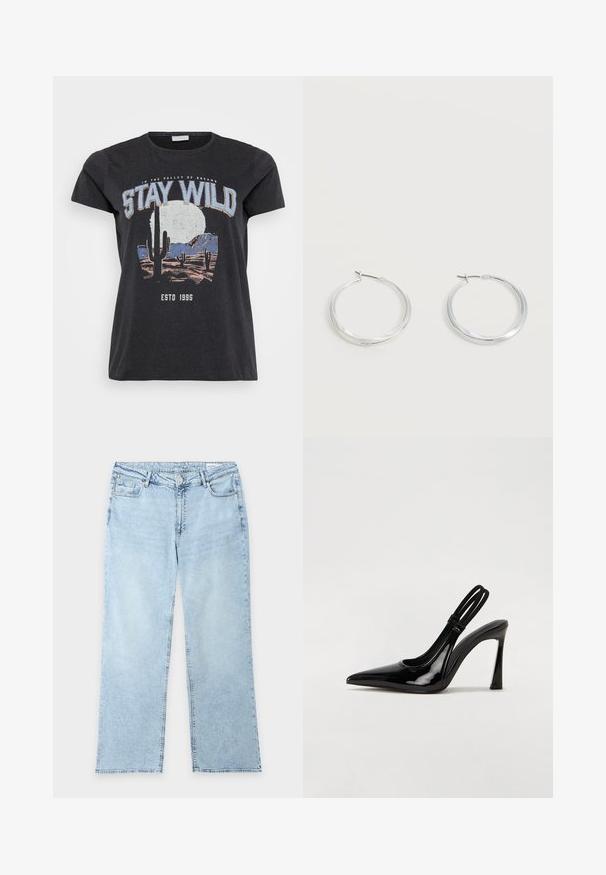 Zwarte katoenen t-shirt met een grafische print van een woestijnlandschap met cactussen, een maan en de tekst "STAY WILD" in blauwe letters.; Lichtblauwe spijkerbroek met rechte pijpen, vijf zakken, riemlussen en een knoop- en ritssluiting, plat neergelegd op een witte achtergrond.; Zwarte gepatineerde leren slingback pump met puntige neus, slanke hoge hak en dubbele elastische band voor een veilige pasvorm. Gladde, glanzende oppervlakte.; Zilverkleurige metalen creolen oorbellen met een glad, licht gebogen oppervlak en sluitingen met haaksluiting op een effen witte achtergrond.