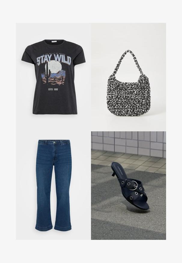 Camiseta de algodón negra con un estampado gráfico de una escena del desierto con cactus, una luna y la frase "MANTENTE SALVAJE" en letras azules.; Jeans de cintura alta en azul con pierna recta y dobladillo acampanado, fabricados en denim. Presentan un diseño clásico de cinco bolsillos y cierre con botón de metal.; Sandalia negra de tacón con tiras cruzadas que presentan ojales plateados y una hebilla redonda, situada sobre un pavimento texturizado junto a una pared con azulejos.; Bolso de mano tejido en blanco y negro con forma redondeada, superficie texturizada y asa trenzada. Adecuado para uso casual.