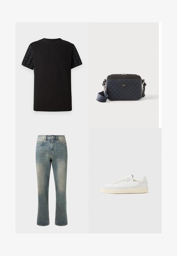 Sort t-shirt med korte ærmer, der har en ensfarvet front og mønstrede sorte detaljer på ærmerne. Materialet ser blødt og glat ud.; Lys blå denim jeans med lige ben, mellemhøj talje og subtilt slid. Har klassisk lomme-design og kontrasterende stikninger.; Hvid sneakers med en øvre del i tekstureret ruskind og læder. Har rundet tå, snørelukning og kontrasterende beige gummisål.; Rektangulær mørkeblå crossbody-taske med justerbar rem, lynlåslukning og diskret logomønster på frontpanelet.