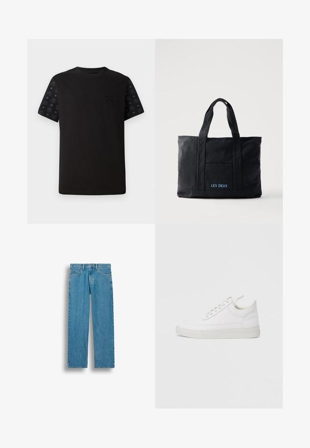 Sort t-shirt med korte ærmer, der har en ensfarvet front og mønstrede sorte detaljer på ærmerne. Materialet ser blødt og glat ud.; Blå straight-leg jeans i denim med forlommer, bæltestropper og knaplukning, vist mod en hvid baggrund.; Hvid lædersneaker med rundet tå, flad sål og snørebånd foran. Har syningsdetaljer og polstret krave for komfort.; Sort lærredstaske med to håndtag, forlomma og "LES DEUX" broderet i blåt på forlommen.