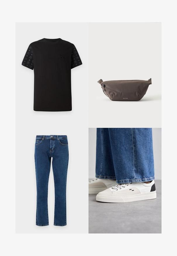 Zwarte t-shirt met korte mouwen, met een effen voorkant en zwart met patroon op de mouwen. Het materiaal lijkt zacht en glad te zijn.; Donkerblauwe denim jeans met een rechte pijp, vijf zakken en een metalen knoop in de taille. Gladde textuur met minimale vervaging.; Witte en zwarte sneakers met een glad leren bovenwerk, textuuraccenten en een chunky witte zool. Heeft een klassiek vetersluiting ontwerp.; Donkerbruine stoffen heuptas met diagonale ritssluiting en klein wit logo aan de voorkant, tegen een effen lichte achtergrond.
