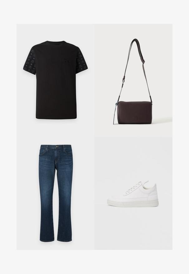 Sort t-shirt med korte ærmer, der har en ensfarvet front og mønstrede sorte detaljer på ærmerne. Materialet ser blødt og glat ud.; Mørkeblå denimjeans med lige ben-design, fem lommer og metalknap-lukning. Glat tekstur med subtil falming.; Hvid lædersneaker med rundet tå, flad sål og snørebånd foran. Har syningsdetaljer og polstret krave for komfort.; Mørkebrun textured læder crossbody taske med justerbar rem og lille dekorativ blå accent på siden.