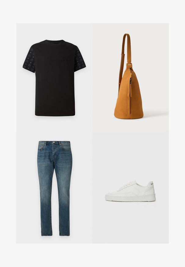 Sort t-shirt med korte ærmer, der har en ensfarvet front og mønstrede sorte detaljer på ærmerne. Materialet ser blødt og glat ud.; Blå, afblegede denim jeans med lige ben, med frontknap og lommer, vist mod en ensfarvet hvid baggrund.; Hvide lædersneakers med en glat overflade, rund tå, flade snørebånd og en tekstureret sål. Har et diskret logo på hælen.; Tan læder crossbodytaske med justerbar rem og lodret lynlåslomme, vist fra siden mod en ensfarvet lys baggrund.