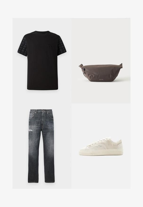 Zwarte t-shirt met korte mouwen, met een effen voorkant en zwart met patroon op de mouwen. Het materiaal lijkt zacht en glad te zijn.; Donkergrijze vervaagde spijkerbroek met lichte slijtage op de bovenbenen en een klassieke vijf-pocket stijl.; Witte lage sneaker met vetersluiting, gestructureerd stoffen bovenwerk en dikke rubberen zool, gezien vanaf de buitenkant op een effen achtergrond.; Donkerbruine stoffen heuptas met diagonale ritssluiting en klein wit logo aan de voorkant, tegen een effen lichte achtergrond.