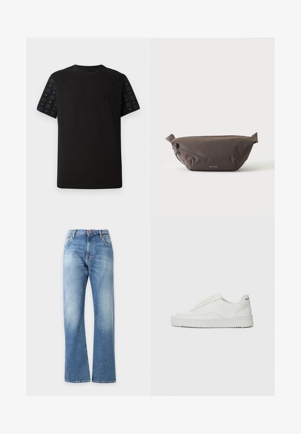 T-shirt noir à manches courtes avec un devant uni et des accents noirs à motifs sur les manches. Le matériau semble doux et lisse.; Jean en denim bleu taille haute avec jambes légèrement évasées, avec poches avant, passants de ceinture et fermeture par boutons.; Baskets en cuir blanc avec une finition lisse, bout arrondi, lacets plats et semelle texturée. Présente un logo discret sur le talon.; Sac banane en tissu marron foncé avec poche zippée en diagonale et petit logo blanc sur le devant, sur un fond clair uni.