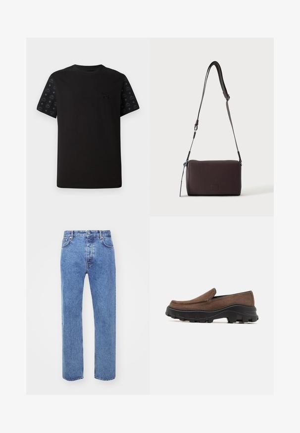 Zwarte t-shirt met korte mouwen, met een effen voorkant en zwart met patroon op de mouwen. Het materiaal lijkt zacht en glad te zijn.; Won Hundred STEVE - Relaxed fit jeans - cut blue; Bruine suede instapper met een dikke zwarte rubberen zool, voorzien van gedurfde profielpatronen en een gladde, ronde neusdesign.; Donkerbruine gestructureerde leren crossbodytas met verstelbare riem en klein decoratief blauw accent aan de zijkant.