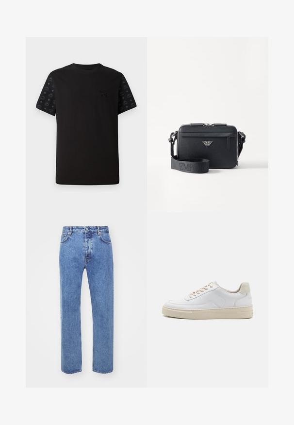 T-shirt noir à manches courtes avec un devant uni et des accents noirs à motifs sur les manches. Le matériau semble doux et lisse.; Won Hundred STEVE - Jean boyfriend - cut blue; Sneaker blanche avec un dessus en cuir lisse, des lacets beige et un onglet de talon en daim beige texturé. Semelle surélevée pour une hauteur supplémentaire.; Sac bandoulière noir en matériau texturé. Comprend une fermeture zippée, une poche zippée à l'avant et un accent en métal avec logo. Inclut une bandoulière réglable.