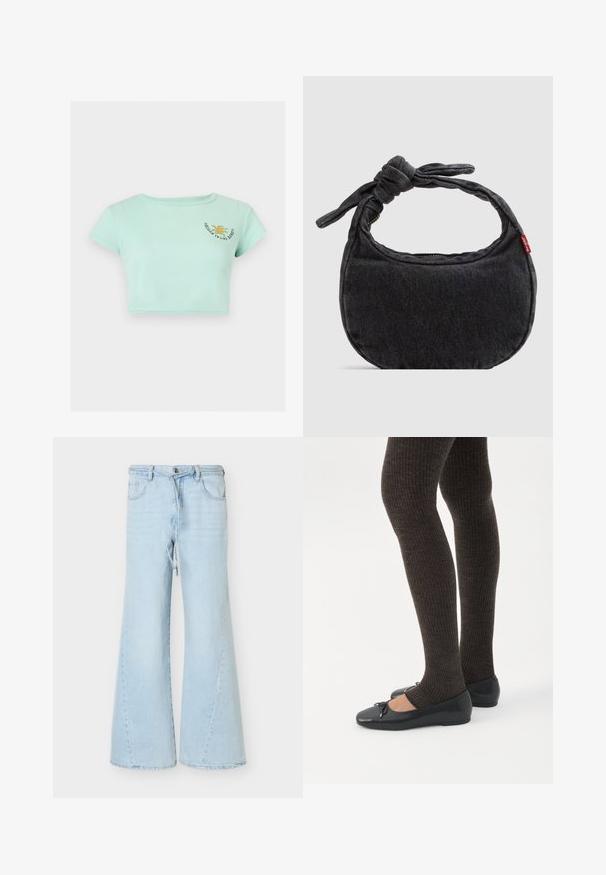 Mέντα πράσινο ριμπ πλεκτό cropped T-shirt με κοντά μανίκια και μικρό κίτρινο ηλιακό σχέδιο με κείμενο στο πάνω αριστερό μέρος του στήθους.; Φαρδιά τζιν σε φωτεινό μπλε με κορδόνι και κούμπωμα με κουμπί, εμπρόσθιες τσέπες και θηλιές για ζώνη, εμφανιζόμενα σε λευκό φόντο.; Πόδια με σκουρόχρωμα ριμπ κολάν συνδυασμένα με μαύρα μπαλαρίνα παπούτσια με μικρές λεπτομέρειες φιόγκων σε λευκό φόντο.; Μικρή μαύρη τσάντα ώμου από τζιν με λουράκι κόμπο και κλείσιμο με φερμουάρ, με κόκκινη υφασμάτινη ετικέτα Levi's στο πλευρό.