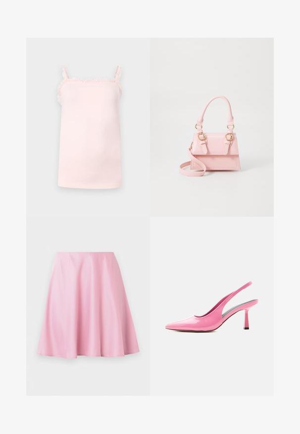 Camisole sans manches rose clair avec des bords froncés le long de l'encolure et des bretelles, présentée sur un fond clair uni.; Jupe rose longueur genou en ligne A avec un tissu lisse et de légères plis, présentée sur un fond blanc uni.; Escarpin slingback rose brillant avec bout pointu et talon bloc de hauteur moyenne sur fond blanc.; Sac à main en cuir verni rose avec un design structuré, deux poignées supérieures, quincaillerie dorée, bandoulière détachable et détails cousus.