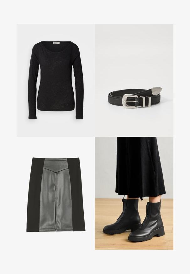 Blusa negra de manga larga hecha de una tela ligera y texturizada. Presenta un escote en forma de scoop y una silueta ajustada con un detalle mínimo.; Anna Field Falda acampanada - black; Botas de tobillo de cuero negro con suela de plataforma gruesa y cremallera delantera. Textura suave con un diseño minimalista.; Cinturón de cuero negro con hebilla de metal plateado y acentos de doble lazo, que presenta un acabado texturizado y un extremo cónico para un ajuste seguro.