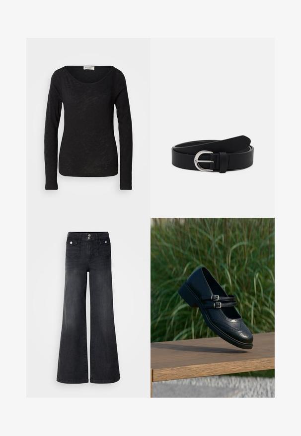 Schwarzes langärmliges Oberteil aus leichtem, strukturiertem Stoff. Hat einen runden Halsausschnitt und eine figurbetonte Silhouette mit minimalen Details.; Schwarze Denim-Jeans mit weitem Bein und hoher Taille, mit vorderen Knöpfen und zwei Vordertaschen; glatte Textur mit leichtem Verwaschungsfinish.; Schwarzer Mary Jane Lederschuh mit doppelten Schnallenriemen und Brogue-Details, schwebend über einer Holzbank mit grünem Gras im Hintergrund.; Schwarzer Leder-Gürtel mit einer silbernen runden Schnalle, flaches Design, sich verjüngendes Ende, glatte Textur und minimalistischer Stil.