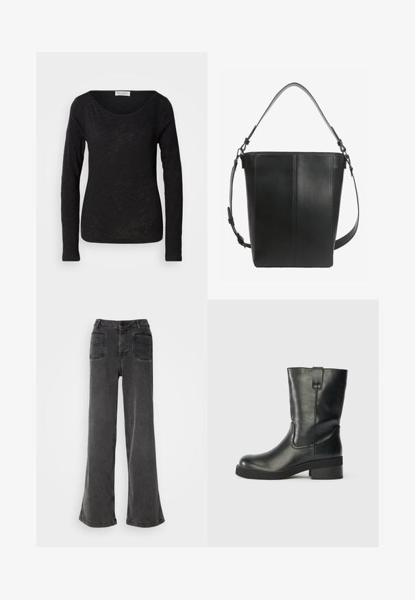 Sort langærmet top lavet af et let, tekstureret stof. Har en scoop-halsudskæring og en tætsiddende silhuet med minimal detaljering.; Høj talje, brede ben sorte jeans lavet af denim, med knaplukning, bæltestropper og to baglommer med syninger.; Sort læderstøvle til midt på læggen med en lav blokhæl, rund tå og en løftestrop på siden mod en ensfarvet baggrund.; Sort læder bucket taske med to justerbare skulderstropper og minimale syningsdetaljer på en ensfarvet baggrund.