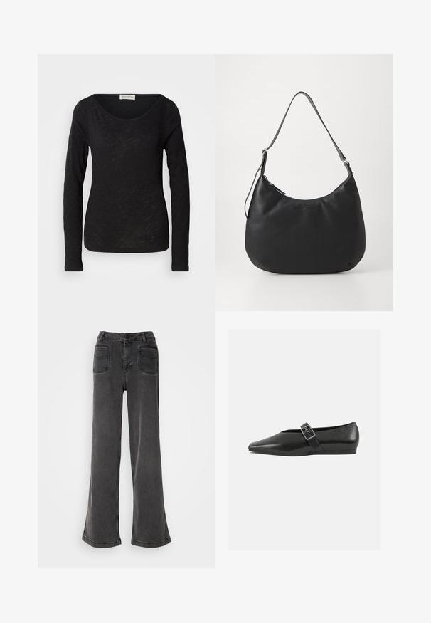 Sort langærmet top lavet af et let, tekstureret stof. Har en scoop-halsudskæring og en tætsiddende silhuet med minimal detaljering.; Høj talje, brede ben sorte jeans lavet af denim, med knaplukning, bæltestropper og to baglommer med syninger.; Sorte læder flade sko med spidse tæer, prydet med en metallisk spænde over vristen og en lav, fleksibel sål.; Sort hobo-taske lavet af glat, holdbart materiale. Har en enkelt justerbar rem og et subtilt præglogo på forsiden.