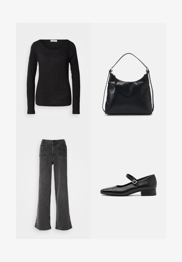 Blusa negra de manga larga hecha de una tela ligera y texturizada. Presenta un escote en forma de scoop y una silueta ajustada con un detalle mínimo.; Jeans negros de tiro alto y pierna ancha, hechos de denim, con cierre de botones, presillas para cinturón y dos bolsillos traseros con detalles de costura.; Zapatos Mary Jane de cuero negro con puntera de charol, correa de tobillo ajustable y tacón bajo. Textura suave y diseño elegante.; Mujer joven con cabello negro largo sentada sobre un bloque de madera, vistiendo un atuendo crema y sosteniendo un bolso de hombro de cuero negro cruzado sobre el pecho.