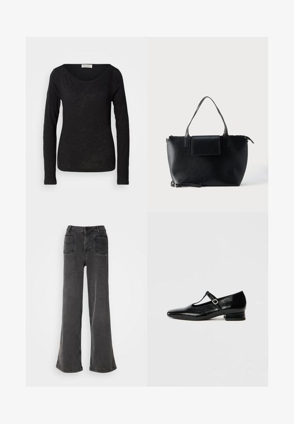 Blusa negra de manga larga hecha de una tela ligera y texturizada. Presenta un escote en forma de scoop y una silueta ajustada con un detalle mínimo.; Jeans negros de tiro alto y pierna ancha, hechos de denim, con cierre de botones, presillas para cinturón y dos bolsillos traseros con detalles de costura.; Zapatos Mary Jane de cuero negro con punta puntiaguda, tacón pequeño de bloque y correa ajustable con hebilla plateada. Textura lisa y brillante.; Bolso tote de cuero negro con dos asas, una correa desmontable, cierre de solapa magnética y textura suave. Parte superior con cremallera y costuras decorativas.