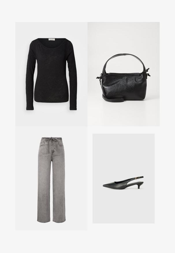 Sort langærmet top lavet af et let, tekstureret stof. Har en scoop-halsudskæring og en tætsiddende silhuet med minimal detaljering.; Højtaljede, viddebenede grå denimjeans med et stofbælte bundet foran og forlommer.; Sorte spidse slingback-sko lavet af glat læder. Har en tynd hæl og en spænde detalje på den justerbare rem.; Sort læderhåndtaske med et struktureret design, rund tophåndtag og aftagelig skulderrem. Den har en glat tekstur og en subtil glans.