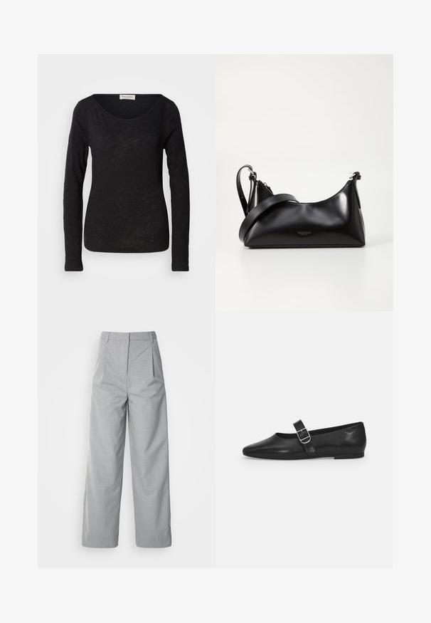 Schwarzes langärmliges Oberteil aus leichtem, strukturiertem Stoff. Hat einen runden Halsausschnitt und eine figurbetonte Silhouette mit minimalen Details.; Grauweite Beinhosen aus strukturiertem Stoff, mit hoher Taille, Falten an der Vorderseite und geradem Schnitt bis zum Saum.; Schwarzer Lederflatschuh mit runder Zehenform, einem verstellbaren Schnallenriemen und einer glatten, glänzenden Oberfläche. Minimalistisches Design mit einem niedrigen Absatz.; Schwarze lederne Handtasche mit glatter Textur. Verfügt über einen verstellbaren Riemen und ein elegantes, minimalistisches Design mit einem Reißverschluss.