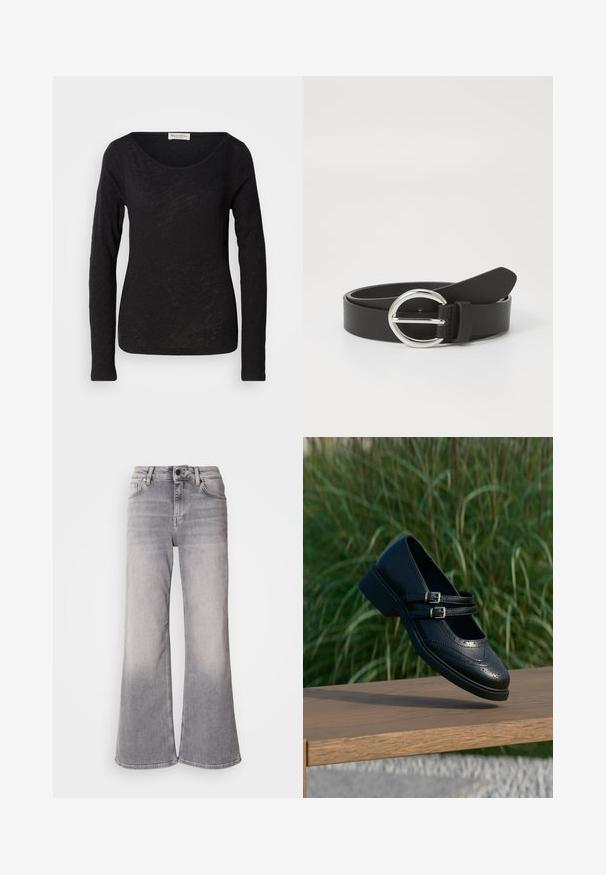 Schwarzes langärmliges Oberteil aus leichtem, strukturiertem Stoff. Hat einen runden Halsausschnitt und eine figurbetonte Silhouette mit minimalen Details.; Mos Mosh HERA - Flared Jeans - grey; Schwarzer Mary Jane Lederschuh mit doppelten Schnallenriemen und Brogue-Details, schwebend über einer Holzbank mit grünem Gras im Hintergrund.; Schwarzer Leder Gürtel mit einer runden silbernen Schnalle, glatter Textur und einem schlichten Design. Der Riemen ist verstellbar und hat ein spitzes Ende.