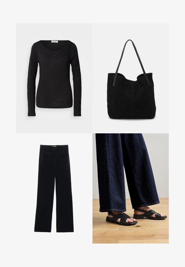 Schwarzes langärmliges Oberteil aus leichtem, strukturiertem Stoff. Hat einen runden Halsausschnitt und eine figurbetonte Silhouette mit minimalen Details.; Schwarze Samt-Hosen im weit geschnittenen Stil mit zwei Gesäßtaschen und einer glatten Textur, ausgestattet mit einem geraden Schnitt und einem gesäumten Abschluss an den Knöcheln.; Schwarze Leder-Sandalen mit einem Überkreuz-Design, flacher Sohle und minimalem Zubehör, kombiniert mit weit geschnittenen dunklen Jeanshosen.; Schwarze Wildleder-Umhängetasche mit zwei langen, flachen Ledergriffen. Sie verfügt über eine gewölbte obere Kante und sichtbare Nähte auf der Vorderseite. Keine Hardware-Details.