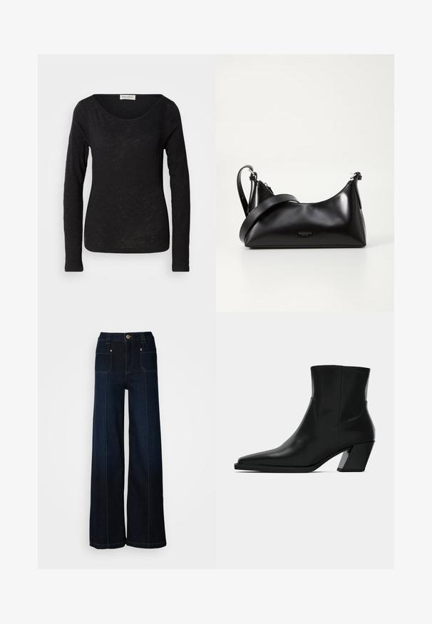 Schwarzes langärmliges Oberteil aus leichtem, strukturiertem Stoff. Hat einen runden Halsausschnitt und eine figurbetonte Silhouette mit minimalen Details.; Weite, dunkelblaue Jeans mit weitem Bein. Verfügt über Fronttaschen, goldenes Zubehör und Kontrastnähte. Glatte Textur mit einem lässigen Design.; Schwarze Leder-Stiefelette mit spitzem Zeh, schlanker Silhouette und klobigem quadratischem Absatz. Glatte Textur mit minimalen Nähdetails.; Schwarze lederne Handtasche mit glatter Textur. Verfügt über einen verstellbaren Riemen und ein elegantes, minimalistisches Design mit einem Reißverschluss.