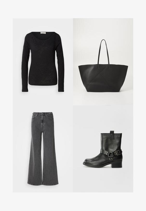 Blusa negra de manga larga hecha de una tela ligera y texturizada. Presenta un escote en forma de scoop y una silueta ajustada con un detalle mínimo.; Vaqueros de pierna ancha en denim negro desgastado, con una cintura alta, dos bolsillos frontales y cierres de botón metálico. Textura suave, detalles mínimos.; Samsøe Samsøe SABRENTA - Botines camperos - black; Bolso tote de cuero negro con asas largas y sutiles detalles de costura diagonal en la parte frontal, apoyado sobre un fondo blanco.