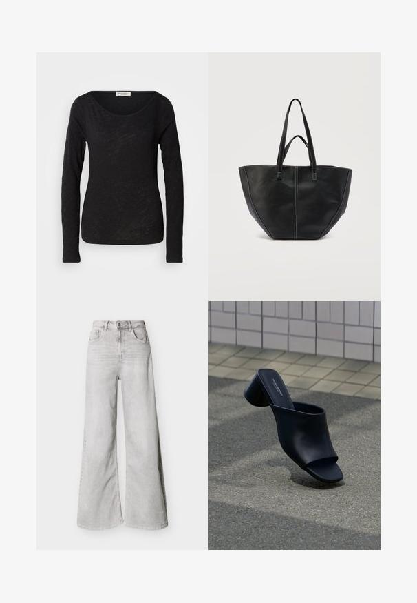 Blusa negra de manga larga hecha de una tela ligera y texturizada. Presenta un escote en forma de scoop y una silueta ajustada con un detalle mínimo.; Jeans de pierna ancha color gris claro hechos de mezclilla, con cintura alta, bolsillos delanteros y cierre de botones. Textura suave con un aspecto ligeramente desvanecido.; Mule de piel negra con punta abierta y tacón ancho, posicionado sobre asfalto cerca de una superficie de baldosas.; Bolso tote de cuero negro con doble asa y costuras en contraste blancas, con una forma ancha y estructurada y detalles de costuras centrales.