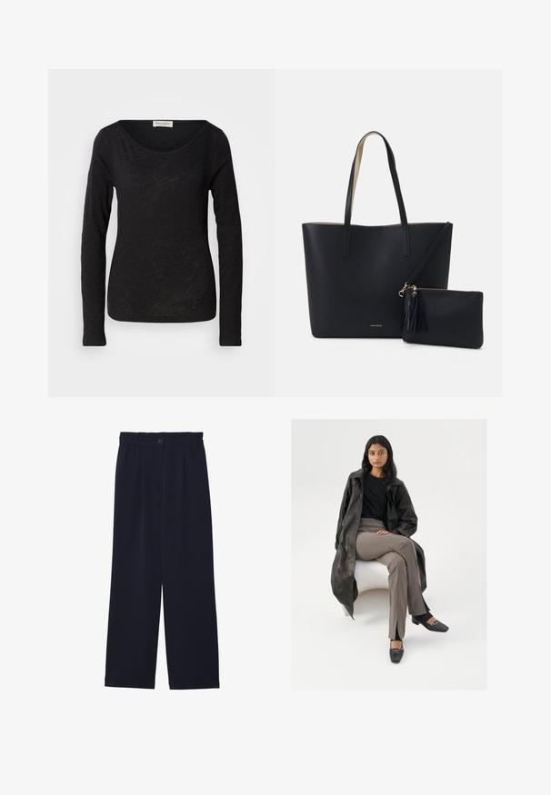 Haut noir à manches longues en tissu léger et texturé. Présente une encolure dégagée et une silhouette ajustée avec un minimum de détails.; Pantalons large bleu marine avec une texture lisse, taille élastique, pli avant unique et fermeture à bouton à la taille.; Manteau trench en cuir noir, chemise noire, pantalon beige taille haute, chaussures noires à bout carré avec une boucle en argent, assis sur une chaise blanche.; Sac fourre-tout noir avec un matériau texturé, deux longues anses et une pochette zippée amovible avec un détail de pompon. Logo de la marque en orvisible.