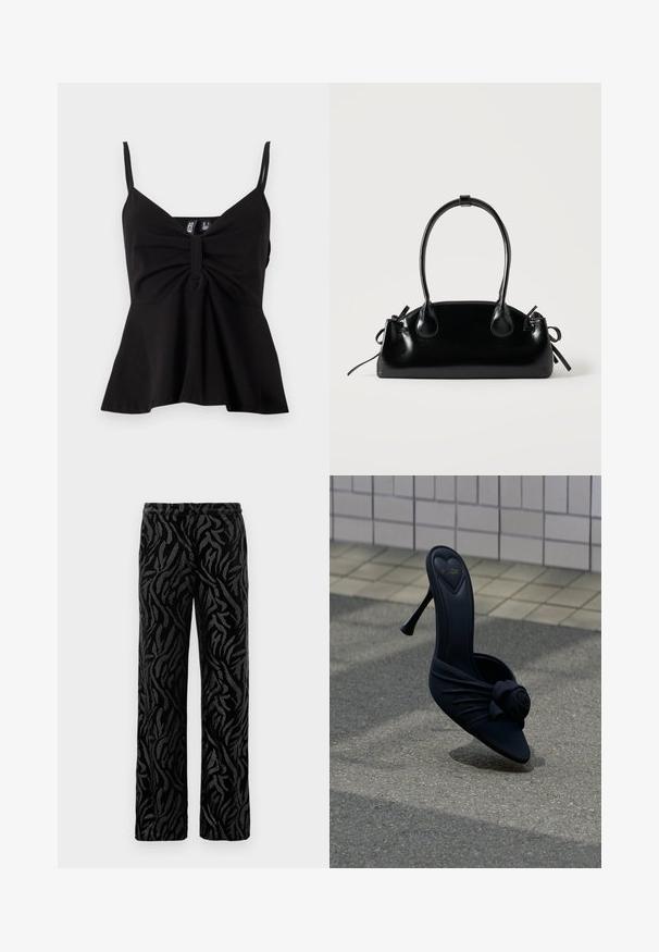 Haut noir sans manches avec un décolleté en V, une devant plissé et un ourlet évasé. Fabriqué dans un tissu lisse et extensible avec des bretelles fines réglables.; Pantalon noir avec un motif texturé en spirale. Fabriqué en matière douce avec une coupe droite et une taille élastique pour plus de confort.; Sandale à talons noirs à enfiler, dotée d'une tige en tissu doux avec un détail de rose nouée à l'avant et d'un bout pointu.; Petit sac à main noir brillant avec deux longues anses et des détails à cordon sur les côtés sur un fond clair uni.