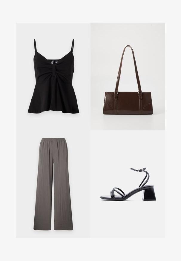 Haut noir sans manches avec un décolleté en V, une devant plissé et un ourlet évasé. Fabriqué dans un tissu lisse et extensible avec des bretelles fines réglables.; Pantalons à jambes larges en tissu texturé gris foncé. Dotés d'une taille élastique et d'un ourlet piqué.; Sandale noire à brides ouvertes avec boucle à la cheville et talon bloc, vue de côté sur un fond clair uni.; Sac à main en cuir verni marron de forme rectangulaire, avec deux longues poignées et des accents courbés subtils à l'avant.