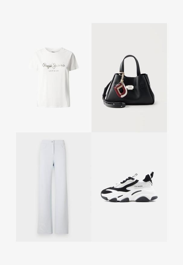 Valkoinen puuvillapaita lyhyillä hihoilla, jossa on hopeinen metallinen logo, jossa lukee "Pepe Jeans LONDON" rennolla käsinkirjoituksella rinnassa.; Vaaleansiniset löysät housut pehmeästä kankaasta, joissa on etuleikkuri, vyölenkit ja kaksi sivutaskua. Sujuva pinta ja yksinkertainen muotoilu.; Paksupohjaiset tennarit, joissa on mustaa mokkaa ja valkoista verkkokangasta, paksulla valkoisella välipohjalla ja mustalla kumipohjalla. Brändin nimi näkyy sivussa.; Musta tekstuurillinen nahkainen käsilaukku, jossa lyhyet kahvat, irrotettava olkahihna, hopeanvärinen lukko ja punainen ja beige nahkainen avaimenperä.