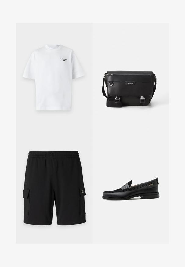Witte katoen t-shirt met korte mouwen, met de tekst "Jeu Set et Match" en een klein groen logo op de linkerkant van de borst. Klassieke pasvorm.; Zwarte shorts van zacht materiaal, met een elastische tailleband, twee zijvakjes en een klein logo-label op één zak.; Zwarte leren loafer met grijs riemdetailelement, lage hak en gestructureerde zool, aan de zijkant gebrandmerkt met "HUGO" in goud.; Zwarte textuur Lacoste schoudertas met verstelbare strap, voormep flap, ritszak en metalen gesp-sluiting.