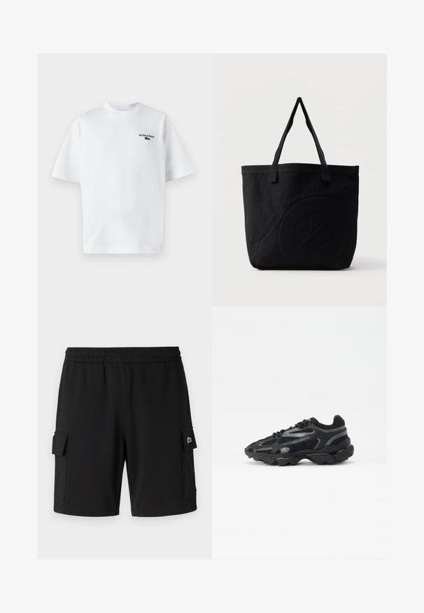 Witte katoen t-shirt met korte mouwen, met de tekst "Jeu Set et Match" en een klein groen logo op de linkerkant van de borst. Klassieke pasvorm.; Zwarte shorts van zacht materiaal, met een elastische tailleband, twee zijvakjes en een klein logo-label op één zak.; Zwarte sportieve sneakers met een bovenwerk van mesh en synthetisch materiaal. Voorzien van een gestructureerde zool, reflecterende accenten en een verstevigde hiel.; Zwarte canvas tas met twee schouderbanden en een subtiel, ingebosseleerd cirkelvormig ontwerp aan de voorkant.