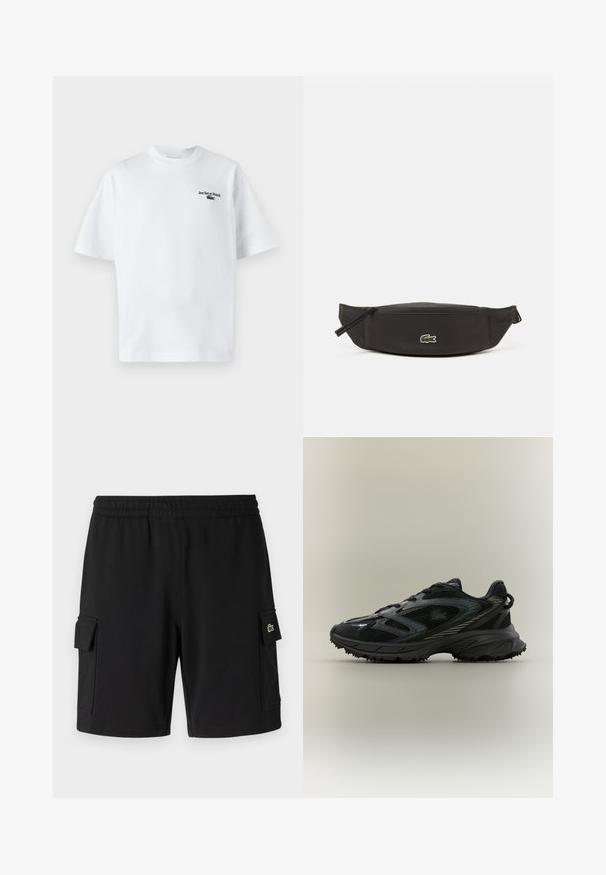 Witte katoen t-shirt met korte mouwen, met de tekst "Jeu Set et Match" en een klein groen logo op de linkerkant van de borst. Klassieke pasvorm.; Zwarte shorts van zacht materiaal, met een elastische tailleband, twee zijvakjes en een klein logo-label op één zak.; Zwarte sportieve schoen met meshpanelen, een gestructureerde zool, veters en een gebogen silhouet met zilveren accenten aan de zijkanten.; Zwarte nylon heuptas met een gladde textuur, ritssluiting en klein groen Lacoste krokodillenlogo aan de voorkant. Ontworpen voor lichtgewicht draagcomfort.