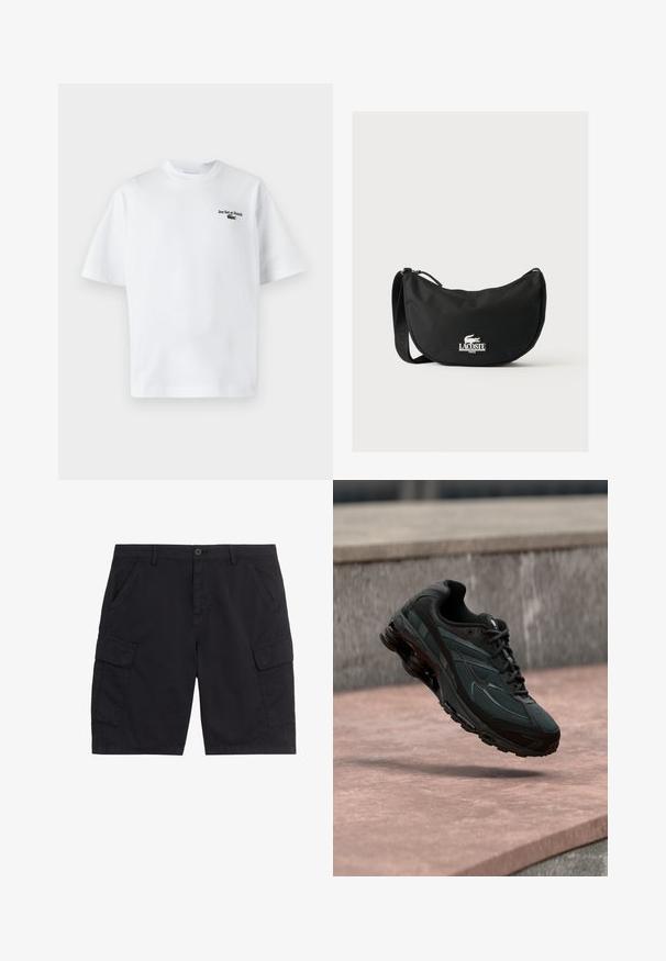 Weißes Baumwoll-T-Shirt mit kurzen Ärmeln, ausgestattet mit dem Text "Jeu Set et Match" und einem kleinen grünen Logo auf der linken Brust. Klassische Passform.; Schwarze Cargo-Shorts mit vorderem Knopf und Reißverschluss, zwei seitlichen Taschen, zwei Klappentaschen und Gürtelschlaufen.; Schwarzer athletischer Sneaker mit sichtbarer Air-Cushioning-Zwischensohle, der über einer rosa Steinoberfläche mit grauer Steinmauer im Hintergrund schwebt.; Schwarze Lacoste Schultertasche mit geschwungener Form, verstellbarem Riemen und weißem, geprägtem Krokodil-Logo über dem Markennamen auf der Vorderseite.