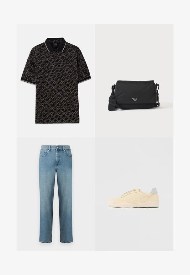 Camisa polo negra con un patrón geométrico dorado, de mangas cortas y un cuello clásico que presenta sutiles acentos a rayas.; Vaqueros de mezclilla azul claro con corte recto, diseño de cinco bolsillos y cierre de botón en la cintura. Detalles cosidos a lo largo de las costuras.; Zapatilla deportiva beige de corte bajo con cierre de cordones en la parte delantera, suela rosa claro y lengüeta trasera gris con la marca "Filling Pieces", mostrada de perfil sobre un fondo liso.; Bolso bandolera negro con correa ajustable y pequeño emblema de logo plateado en la solapa frontal, mostrado sobre un fondo claro y liso.